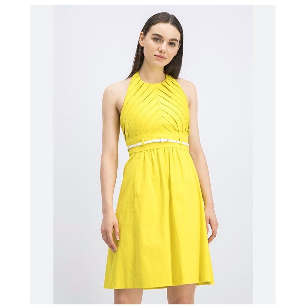Calvin Klein Halter Sun Dress Bright Yellow Pleaded Front w/Belt  Pockets 10